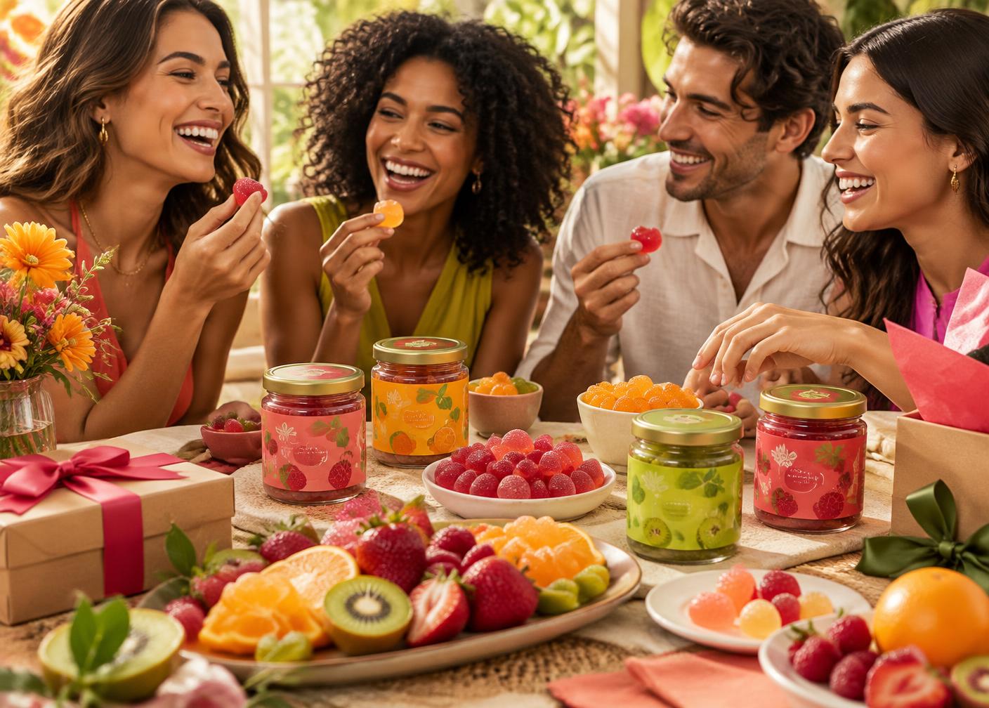 Amigos compartilhando gomas coloridas MKT em uma mesa com frutas e presentes